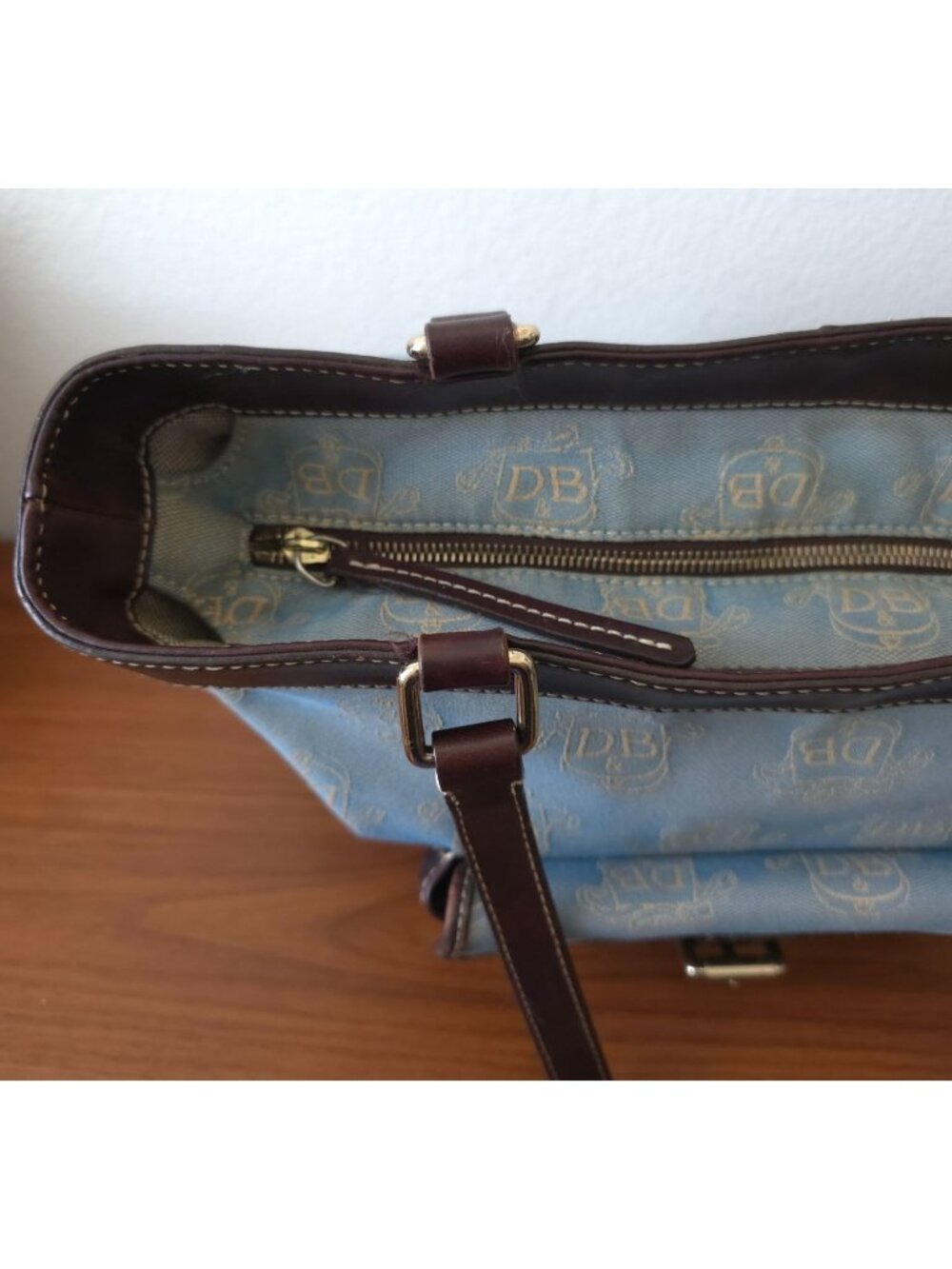 Dooney & Bourke East/West Blue & Brown Canvas Logo Tote w/ Matching Coin Pouch - Picture 6 of 14